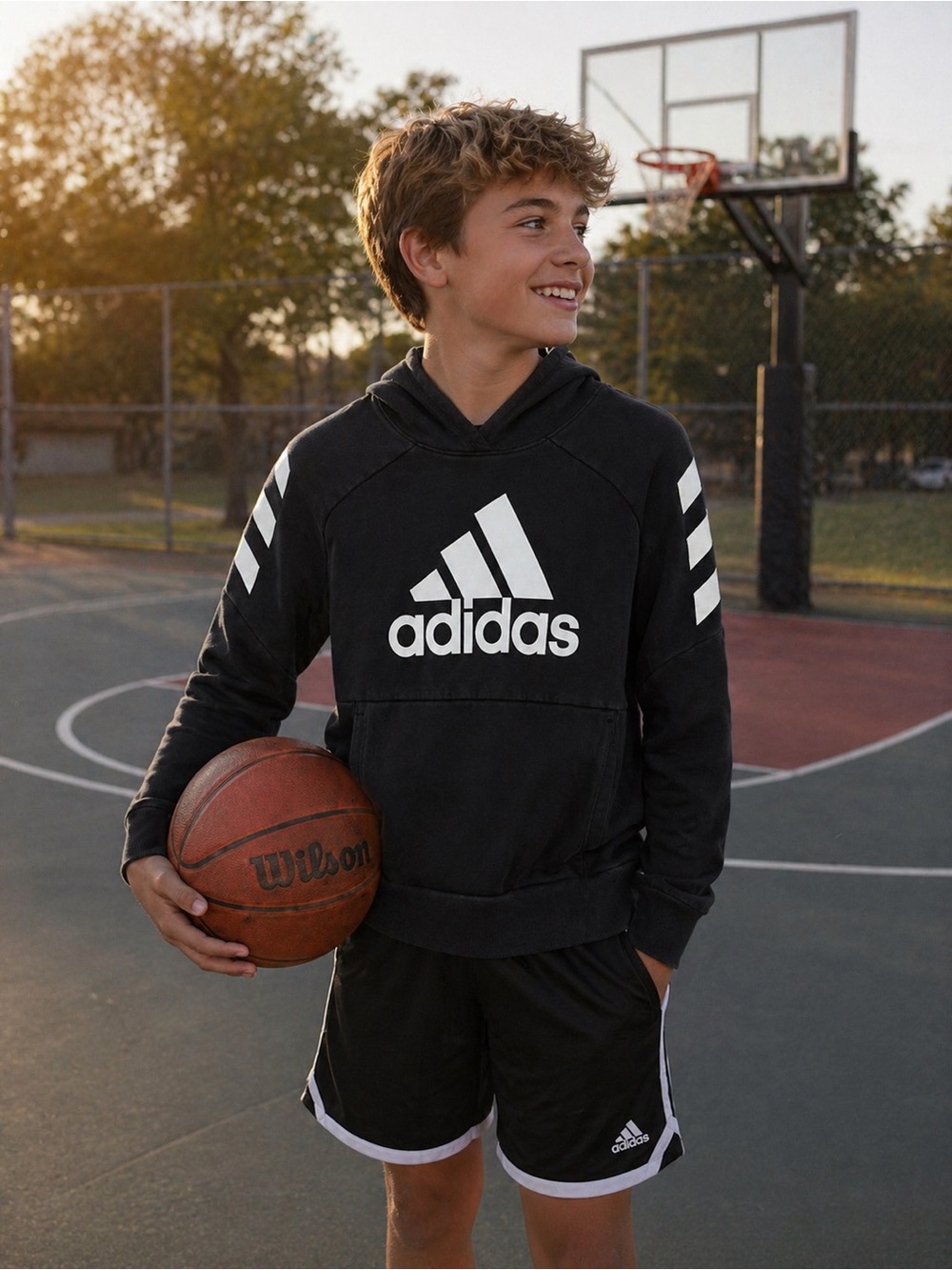 Adidas Youth Hoodie Black Logo Pullover Size L 14/16 Athletic Sweatshirt